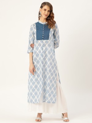 Shae by SASSAFRAS Women Printed Straight Kurta(White, Blue)