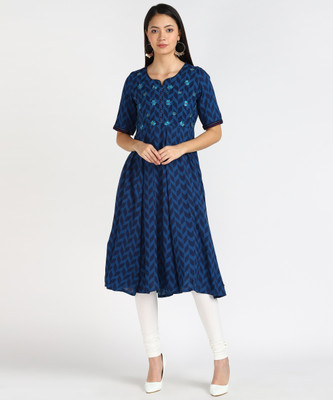RANGRITI Women Embroidered A-line Kurta(Blue)