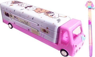 TECHNOCHITRA Exclusive Bus Shape Cartoon Art Metal Pencil Box(Set of 1, Pink)