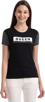 Parx Woman Printed Women Round Neck Black T-Shirt