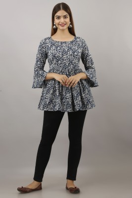 LifeSpan Casual Bell Sleeve Floral Print Women Blue Top