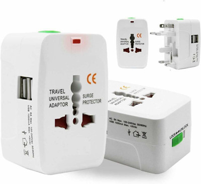 SrO Travel Universal Adaptor International All-In-One Surge Protector plug charger with Built in Dual 2 X USB Charger Ports with LED Indicator Surge/Spike Protected Electrical Plug with Inbuilt Surge Protection (White) more than 150 + Country Worldwide Adaptor(White)