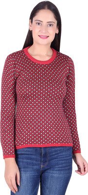 Ogarti Self Design Round Neck Casual Women Red Sweater