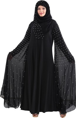 TUCUTE ®Black Silver Pearl DN-737 Lycra Blend Solid Abaya Burqa With Hijab (Black) Chiffon Self Design Burqa With Hijab(Black)