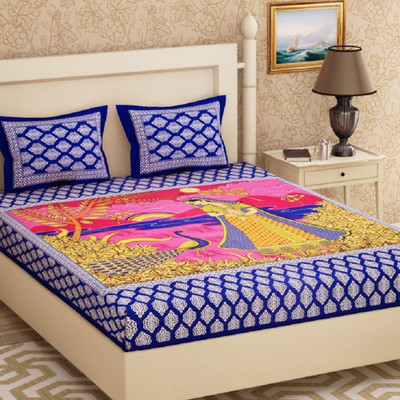 E ELMA Cotton Double Flat 104 TC Printed Bedsheet(Pack of 1, Blue)