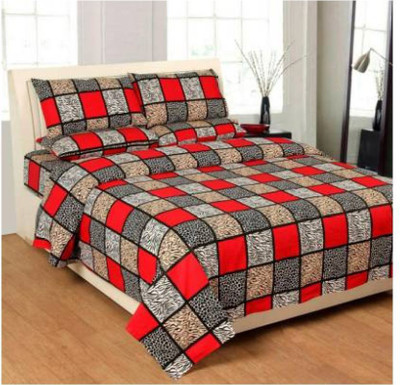 PROLOOM 104 TC Microfiber Double Geometric Flat Bedsheet(Pack of 1, Red, Black)