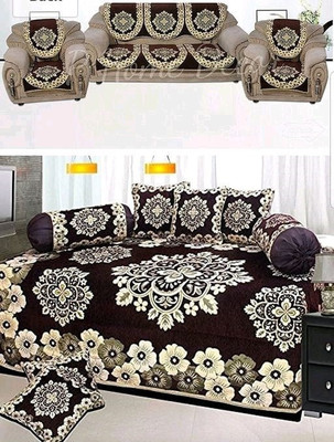 Ex-cell Chenille Floral Diwan Set(Brown)
