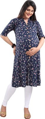 mamma's maternity Women Printed Straight Kurta(Blue)