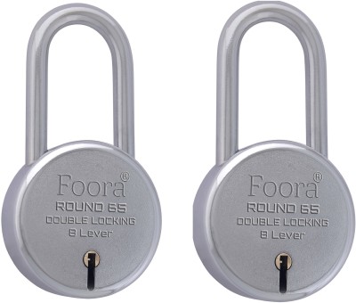 Foora Pack of 2 Round 65 LS with 5 Keys Each, Long Shackle, Double Locking.. Padlock(Silver)
