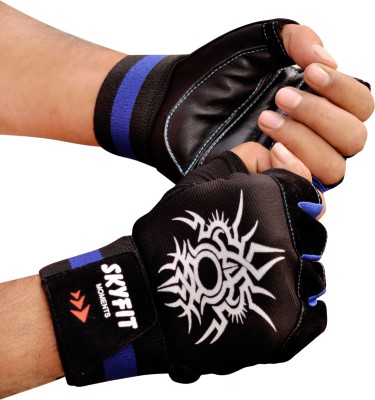 SKYFIT Outfit Dryfit Leather Padded Gym Sports Gloves For Men And Women Gym & Fitness Gloves(Blue And Black)