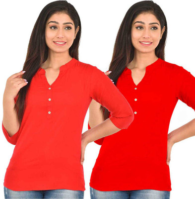 FABISHO Casual 3/4 Sleeve Solid Women Red Top