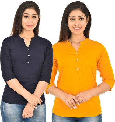 FABISHO Casual 3/4 Sleeve Solid Women Multicolor Top