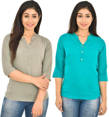 FABISHO Casual 3/4 Sleeve Solid Women Multicolor Top