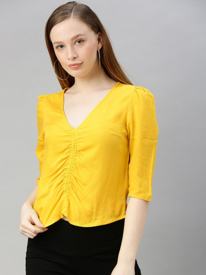 Sera Casual Half Sleeve Solid Women Yellow Top