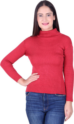 Ogarti Solid High Neck Casual Women Red Sweater