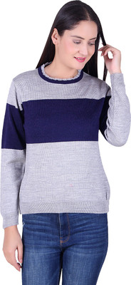 Ogarti Striped Round Neck Casual Women Grey Sweater