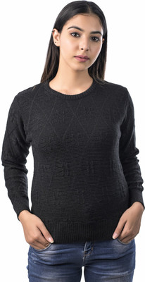 Ogarti Self Design Round Neck Casual Women Black Sweater