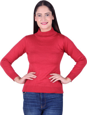 Ogarti Solid High Neck Casual Women Red Sweater