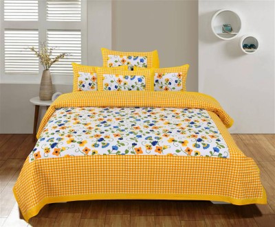 E ELMA 144 TC Cotton Double Checkered Flat Bedsheet(Pack of 1, Yellow)