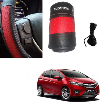 ARNEJA Hand Stiched Steering Cover For Honda Jazz(Red, Black, Leatherite)