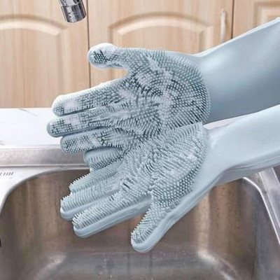 Madan Silicone Dish Washing , multipurpose Gloves, Silicon Hand Gloves for Kitchen Dishwashing and Pet Grooming, Great for Washing Dish, Car, Bathroom (Grey, 1 Pair) Wet and Dry Glove (Free Size) Wet and Dry Glove(Free Size)