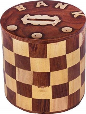 Fleurs De Rocaille Wooden Handmade Money Bank Chess Round with Screw Lock Long 7 inch Coin Bank(Brown)