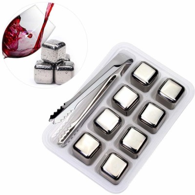 MFORALL Stainless Steel Ice Cubes Reusable, 8 Piece Whiskey Ice Cubes Set with Silicone Head Tongs and Ice Cube Trays (Pack of 8) Steel Steel Ice Cube Tray(Pack of1)