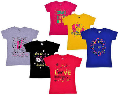 Sand Beach Girls Printed Cotton Blend Regular T Shirt(Multicolor, Pack of 6)