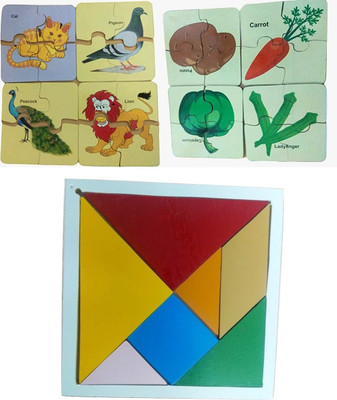 GKids Wooden Super Combo Non-toxic Vegetables Animals And Birds Puzzle With 4 Piece And 16 Different Jigsaw Puzzles And Tangram 7 Piece Square I.Q. Development Game Brain Teaser Intelligent with Learning games for kids(17 Pieces)