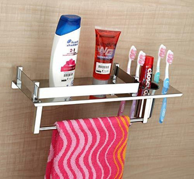 ZAP Series Multipurpose 3 in 1 Stainless Steel Shelf with Detachable Towel Rod/Home Accessories (1 Unit) Stainless Steel Wall Shelf(Number of Shelves - 1, Silver)