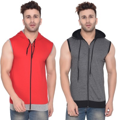 Trendfull Solid Men Hooded Neck Red, Grey T-Shirt
