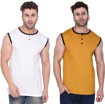 Lawful Casual Solid Men Henley Neck White, Gold T-Shirt