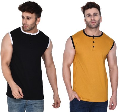Lawful Casual Solid Men Henley Neck Gold, Black T-Shirt