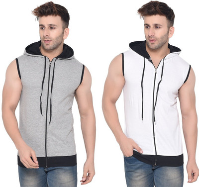 BEYOU FASHION Solid Men Hooded Neck Silver, White T-Shirt