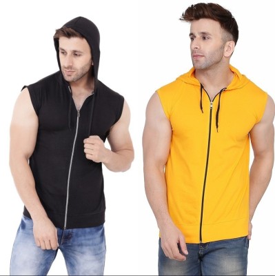 Trendfull Solid Men Hooded Neck Black, Yellow T-Shirt