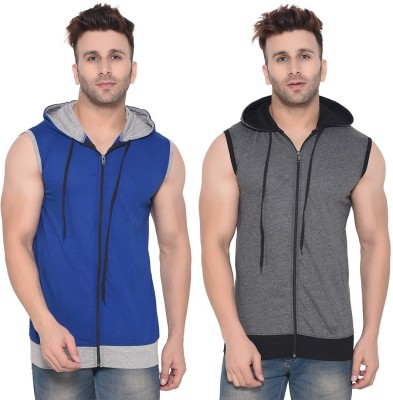 GEUM Solid Men Hooded Neck Blue, Grey T-Shirt