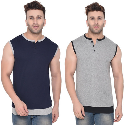 BEYOU FASHION Solid Men Henley Neck Silver, Dark Blue T-Shirt