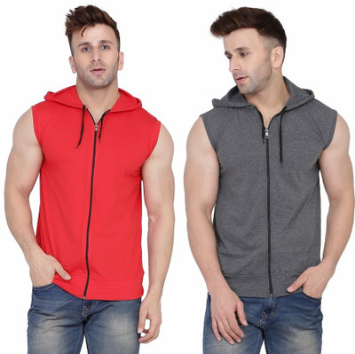 Trendfull Solid Men Hooded Neck Red, Grey T-Shirt