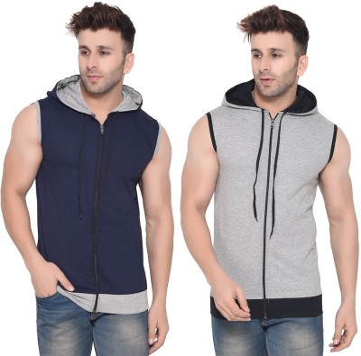 Lawful Casual Solid Men Hooded Neck Dark Blue, Grey T-Shirt