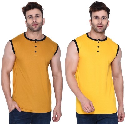 GEUM Solid Men Henley Neck Gold, Yellow T-Shirt