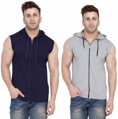 BEYOU FASHION Solid Men Hooded Neck Silver, Dark Blue T-Shirt