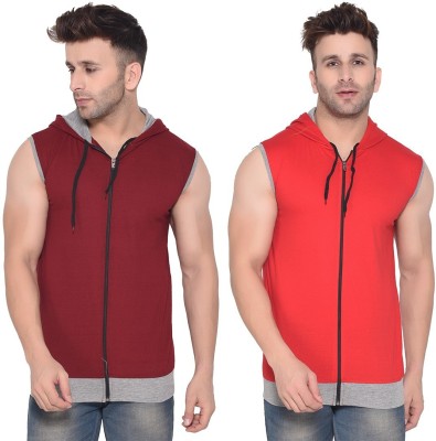 GEUM Solid Men Hooded Neck Red, Maroon T-Shirt