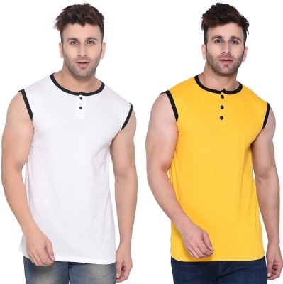 BEYOU FASHION Solid Men Henley Neck White, Yellow T-Shirt