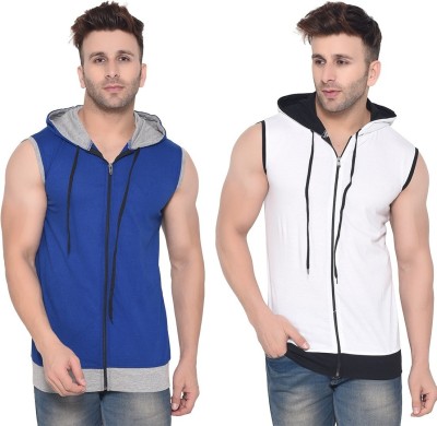 BEYOU FASHION Solid Men Hooded Neck White, Blue T-Shirt