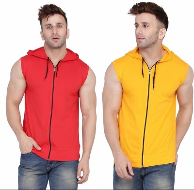 Trendfull Solid Men Hooded Neck Red, Yellow T-Shirt