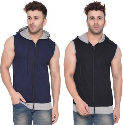 Trendfull Solid Men Hooded Neck Dark Blue, Black T-Shirt