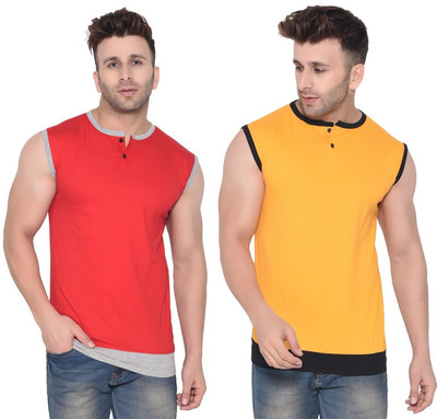 GEUM Solid Men Henley Neck Red, Yellow T-Shirt