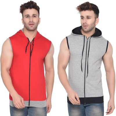 Trendfull Solid Men Hooded Neck Silver, Red T-Shirt