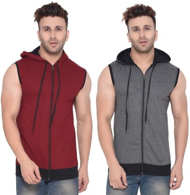 BEYOU FASHION Solid Men Hooded Neck Maroon, Grey T-Shirt