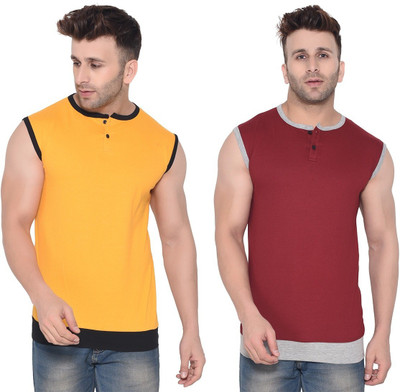 GEUM Solid Men Henley Neck Maroon, Yellow T-Shirt